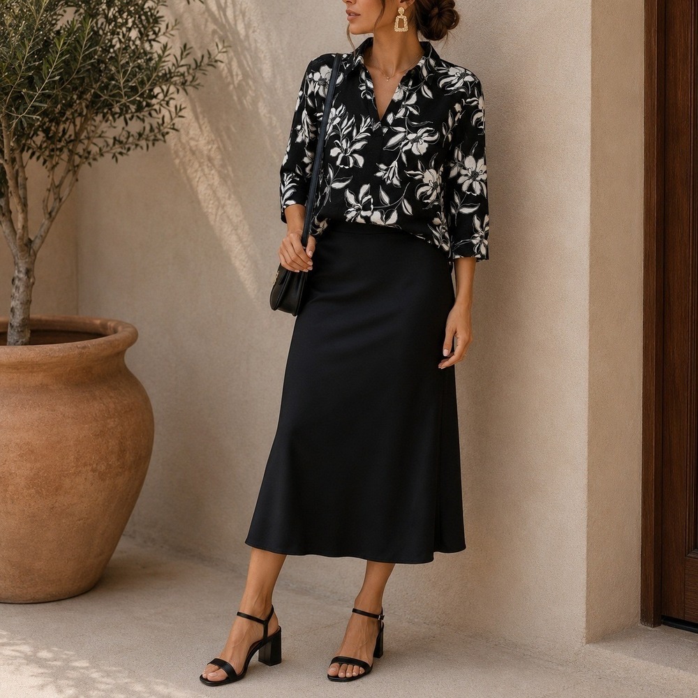 Tahari Linen Knit Top L Black White Floral V-Neck Relaxed Fit Office Minimalist